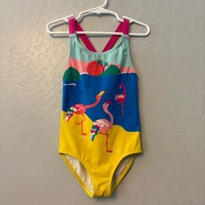 Mini Boden Flamingo on beach one piece Swimsuit size 4-5Y